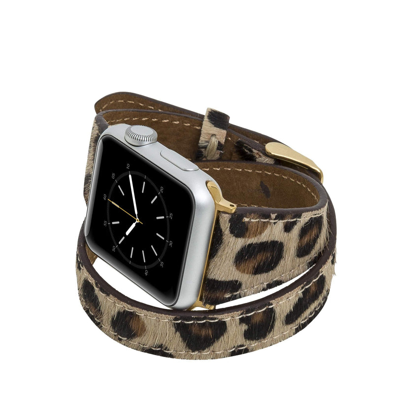 Venito Serena Slim Double Wrap Leather Watch Band Compatible with Apple Watch iwatch Series 1, 2, 3, 4, 5, 6, 7, SE (Furry Leopard w/Gold Stainless Steel Hardware, 38mm-40mm)
