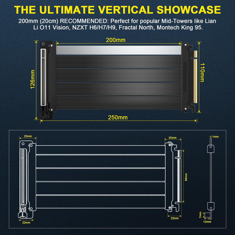 PCIe 5.0 Riser Cable Gen5 x16, 20cm GPU Extension for RTX 5090/5080 | Unleash 128GB/s bandwidth with zero lag. Shielded 6-layer PCB stops EMI blackouts, while 180° flexible TPE fits mid-towers.