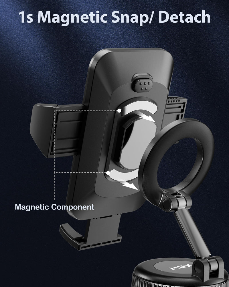 Car Phone Mount with Magnetic Clip for Magsafe & Android Cell Phone | 90lbs Suction Cup| Snap for iPhone Clip for Samsung| Thick Case swap freely| No Ring Adapter Needed| Dashboard Windshield Black