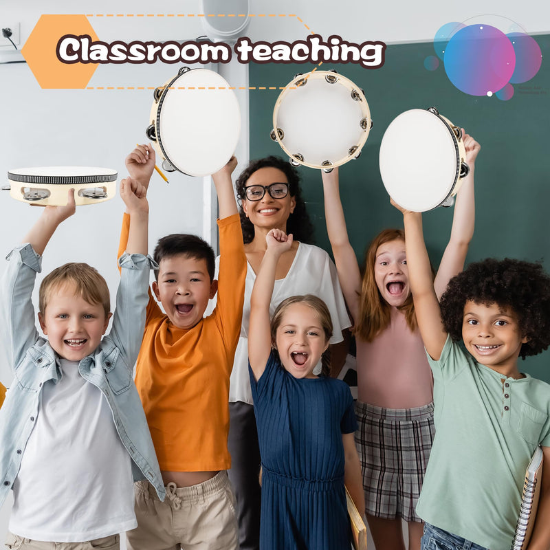 4 Pcs 10 Inch Adult Wedding Tambourines Drum Wooden Natural Handheld Drums Metal Jingles Drums Musical Instruments Percussion for Church Wedding Party Favor