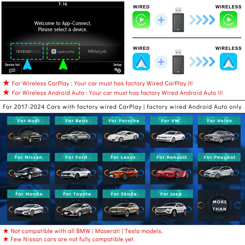 2IN1 Wireless CarPlay Android Auto Adapter for Apple iPhone ＆ Android (2025-2026 Upgrade), Convert Original Wired to Wireless CarPlay Adapter USB Dongle, Plug & Play, Fast Stable Connection