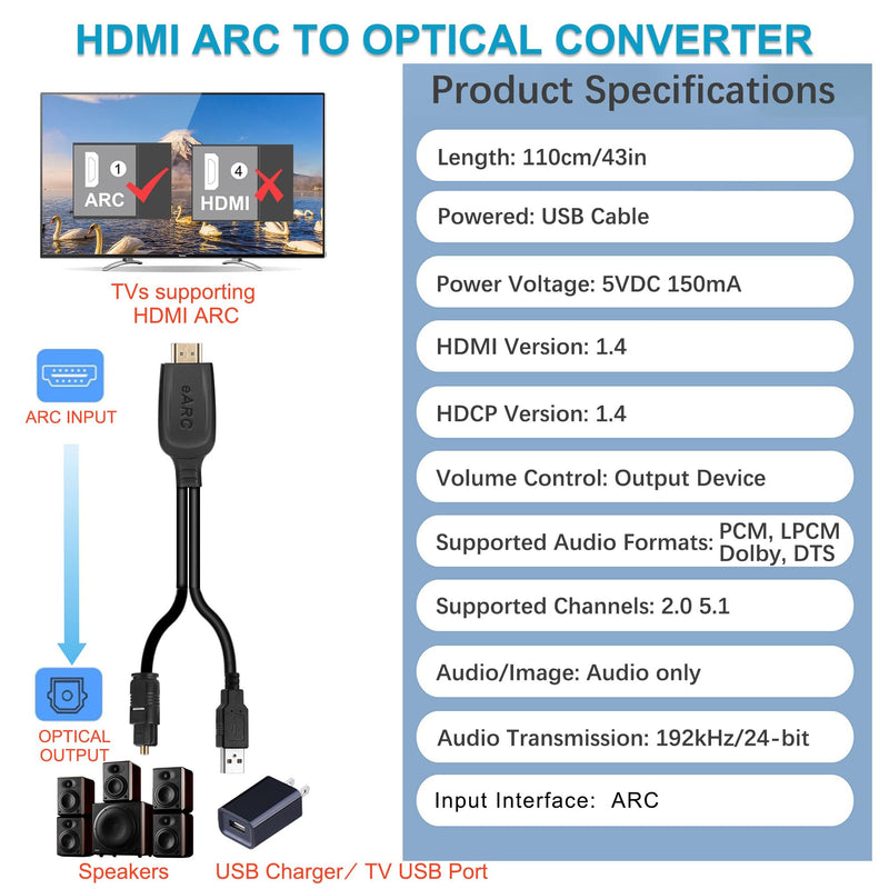 192KHz HDMI ARC to Optical Audio Converter for TV to Soundbar, Plug & Play 3.4ft/1.05m ARC to Optical Cable Audio Extractor Adapter Splitter for Sound System Speaker Home Theater Support Dolby/DTS 5.1