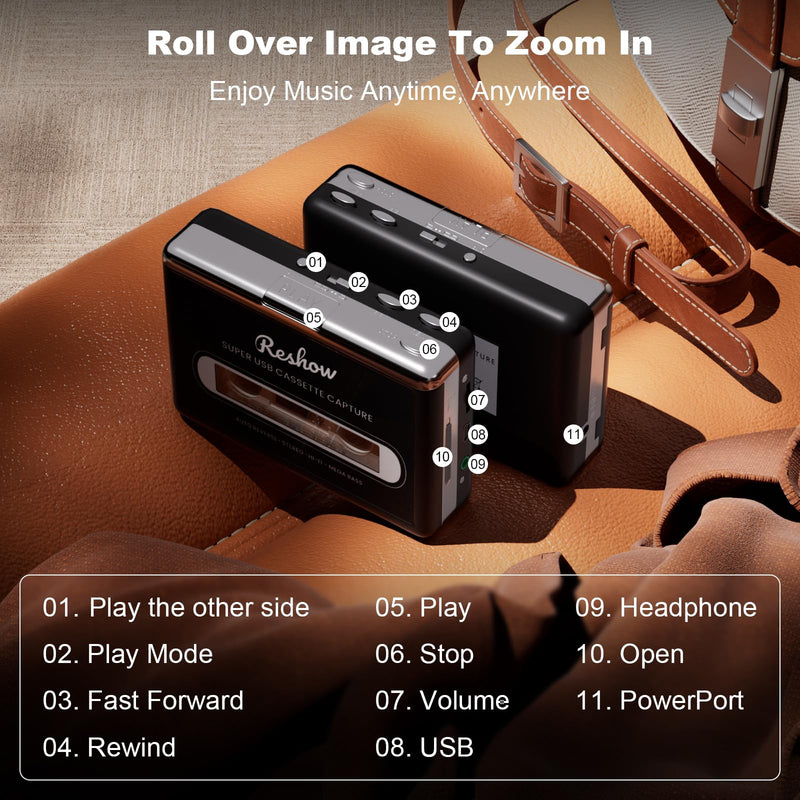 Reshow Cassette Tape Player, Portable Tape Player Audio Cassette to Digital Converter, Convert Cassette Tape Recorder to iPod Format Compatible with Laptops and Personal Computers - Black