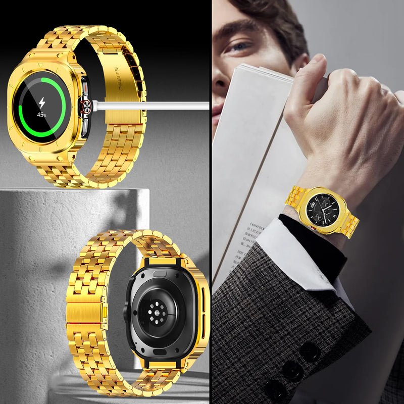 HASLFM Stainless Steel Case and Bands Compatible with Samsung Galaxy Watch 7 8 Ultra 47mm/ Galaxy Watch 5 pro 45mm/ Galaxy Watch 6/5/4 44mm, Rugged Metal Band Rugged Protector Cover for Men Gold-1 47mm(Galaxy Watch 7 8 Ultra)