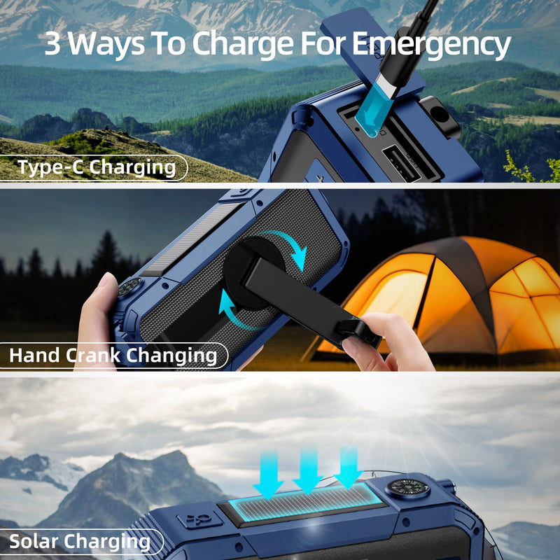 Emergency Weather Radio with IPX5 Waterproof Portable Bluetooth Speaker,USB-C Solar Hand Crank,NOAA Alarm AM FM Radio,Flashlight,SOS Alarm,2000mAh Cell Phone Charger for Camping and Survival (Blue) BLUE
