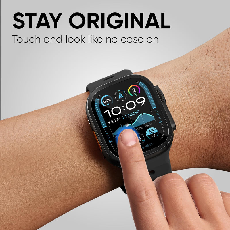 Leather Band for Apple Watch Ultra 2/Apple Watch Ultra Bands 49mm 45mm 44mm and 2 Pack Waterproof Titanium Matel Frame Keep Original Touch Sensitive 9H Tempered Glass Protective Film for iWatch 49mm
