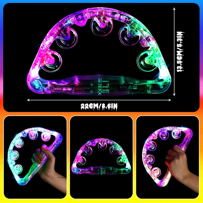 Sumind 6 Pieces Large LED Light up Tambourine 8.6 x 5.3 Inch Handheld Musical Flashing Tambourine Glow in The Dark Party Supplies for Adults Halloween Wedding Favors