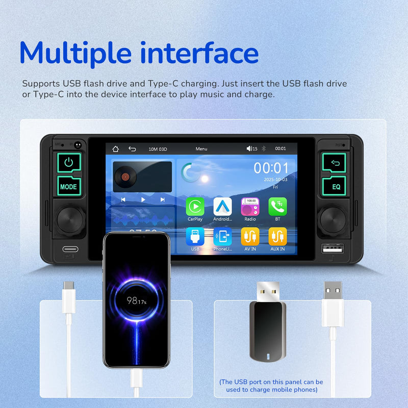 Single Din Radio Car Stereo with Wireless and Wired CarPlay & Android Auto 5.1" with Bluetooth 5.2 Car Audio Receiver AM&FM, EQ, TF, AUX＆USB, Fast Charging, AHD Backup Camera MIC