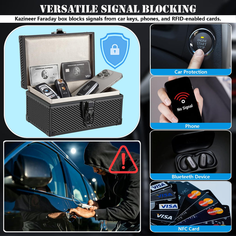Faraday Box for Car Keys, Large, Carbon Fiber Black | Keyless Entry Signal Blocker, Anti-Theft Protector, RFID Shielding Cage