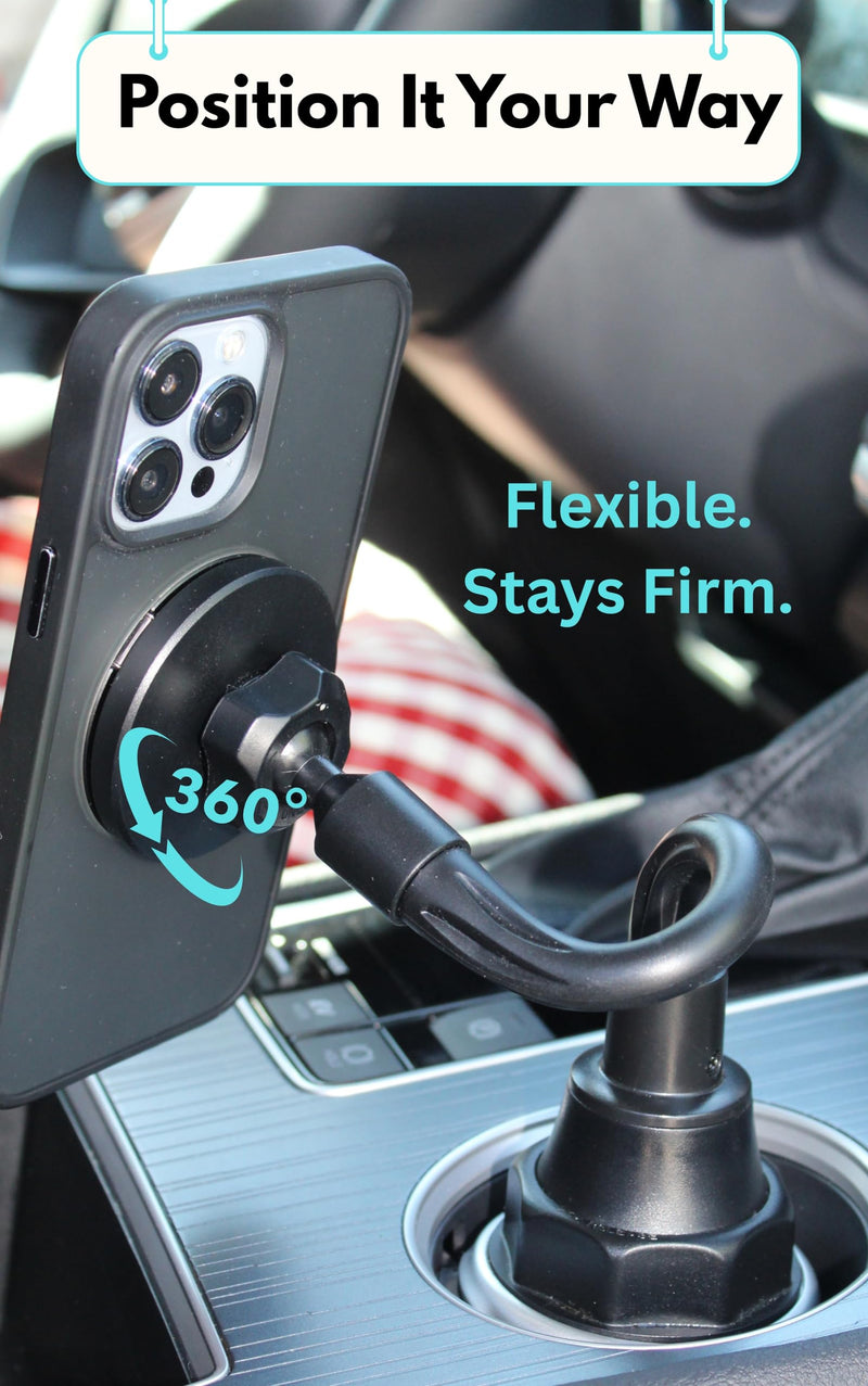 Cup Phone Holder for Car, Magnetic – Compatible with MagSafe, Secure Magnetic Mount, Stability-Enhanced Expandable Base, Flexible Reinforced Gooseneck, Works with iPhone, Galaxy, Pixel [Not Charger] Car Cup Holder