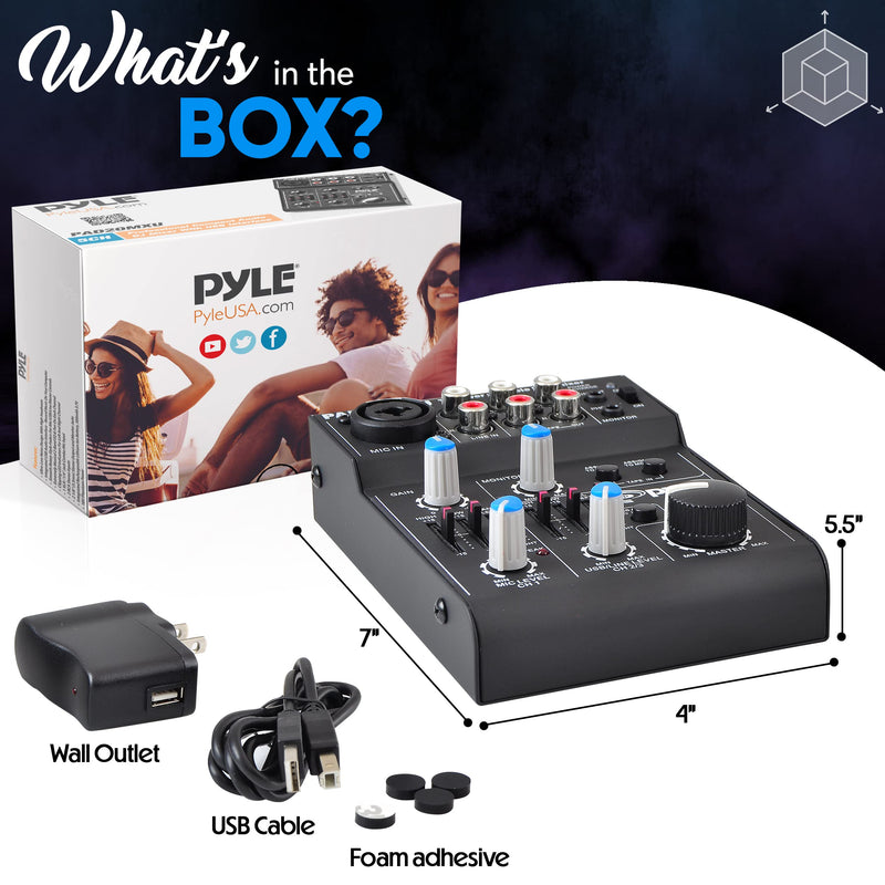 Pyle 5-Channel Professional Audio Mixer DJ Sound Board – Compact Music Mixer with USB Interface, EQ Controls, XLR Mic Input, 18V Phantom Power, Rechargeable Battery – USB/Line/Master Controls