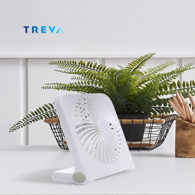 Treva 5-Inch USB And Battery Powered Desk Fan, With 2 Cooling Speeds And Adjustable Tilt (White)