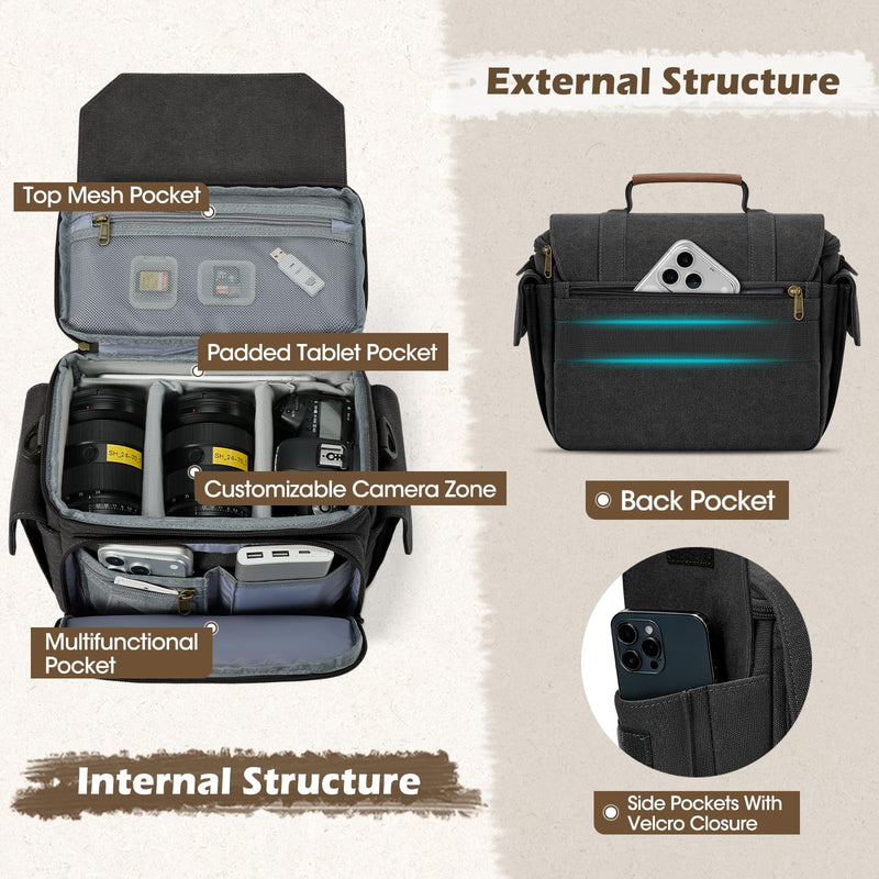 RAINSMORE Camera Sling Bag Canvas Crossbody Camera Case with Rain Cover | Water-Resistant Camera Shoulder Bag for DSLR Mirrorless Compact Camera Bags with Removable Dividers, Tripod Holder for Travel Black