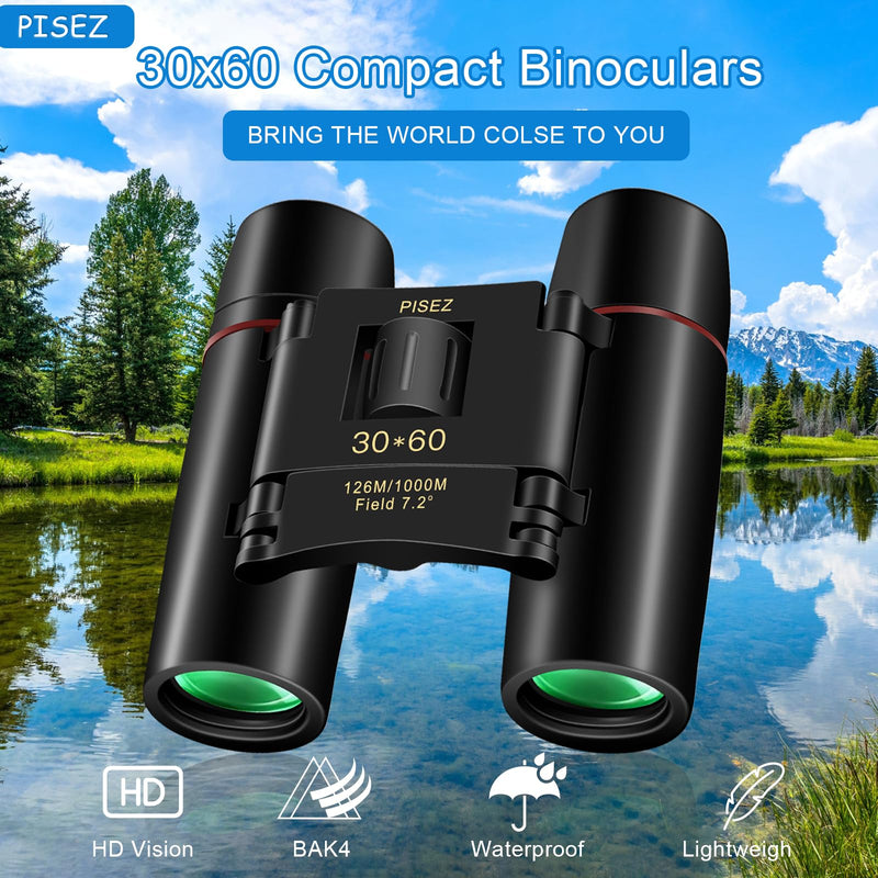 PISEZ 30X60 Compact Binoculars for Adults and Kids，Lightweight Foldable Easy Focus Small Binoculars for Bird Watching Hunting Concert Traveling Theater Opera Sightseeing black