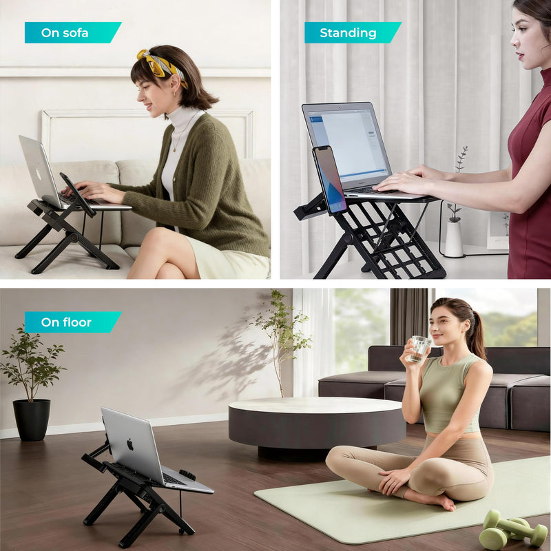 ergounion Adjustable Laptop Stand for Desk, Ergonomic Riser for 10-17" Lap | ABS 4-in-1 sit-stand riser with phone holder. Fits Mac/Dell/HP. Great for students & workers.For office, dorm, travel, gaming