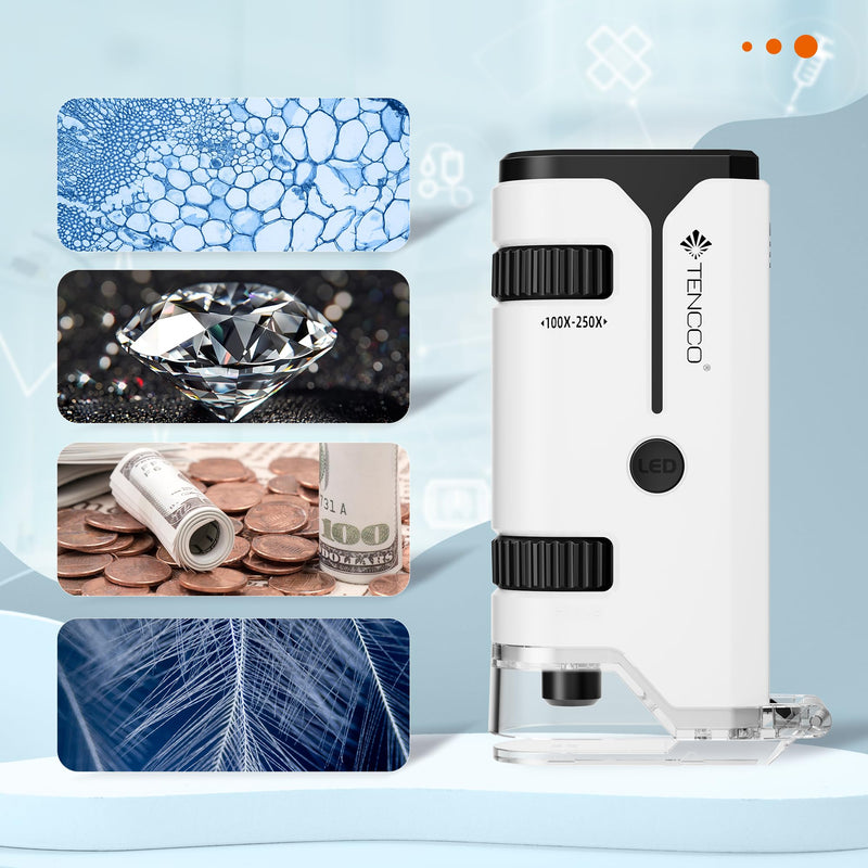 100x-250x Mini Pocket Microscope for Kids Adults, Protable Handheld Microscope with 5 Microscope Slides, Phone Adapter, Miniscope Portable Microscope Kit for Kids Adults Science Lab Education,White White