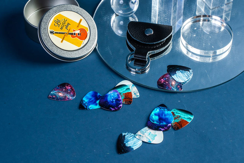 Guitar Picks - Cheliz 12 Medium Gauge Celluloid Guitar Picks In a Box W/Picks Holder. Unique Guitar Gift For Bass, Electric & Acoustic Guitars (Natural Image) 12 packs Natural Image