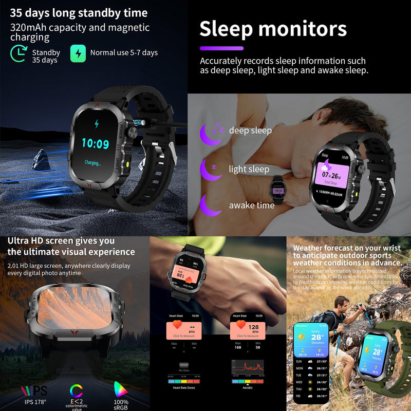 2.01" AMOLED Smart Watch for Men (Make/Answer Call), LED Lighting, 5ATM Waterproof Mens Smartwatch, Fitness Tracker Smartwatch for Android iPhones, Digital Watches Step Counter, 3 Straps (Brown) Brown