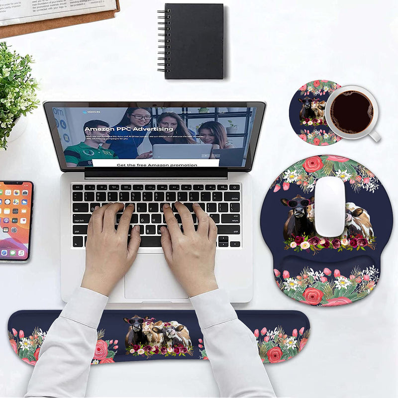 Keyboard Wrist Rest and Mouse Pad Wrist Support Set, Non-Slip PU Base Ergonomic Gaming Mousepad for Home Office Working Studying Easy Typing & Pain Relief - Floral Quote Funny Cows Combination