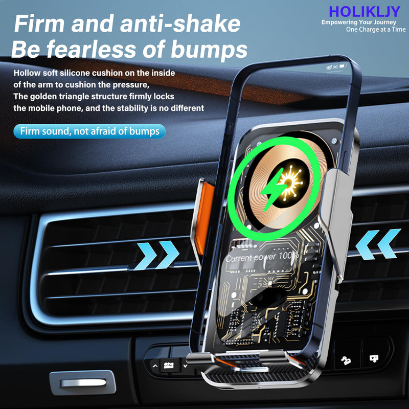 Wireless Car Phone Mount, 15W Fast Charging Car Phone Holder Charger Auto-Clamping 360 Dgrees Rotation Adjustable Air Vent Phone Mount Car Charger with luminous Logo for iPhone 16 15 14 13 S24 S23 S22 Black