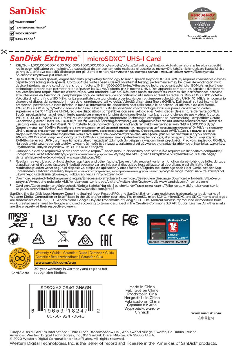 SanDisk 64GB Extreme for Mobile Gaming microSD UHS-I Card - C10, U3, V30, 4K, A2, Micro SD - SDSQXA2-064G-GN6GN