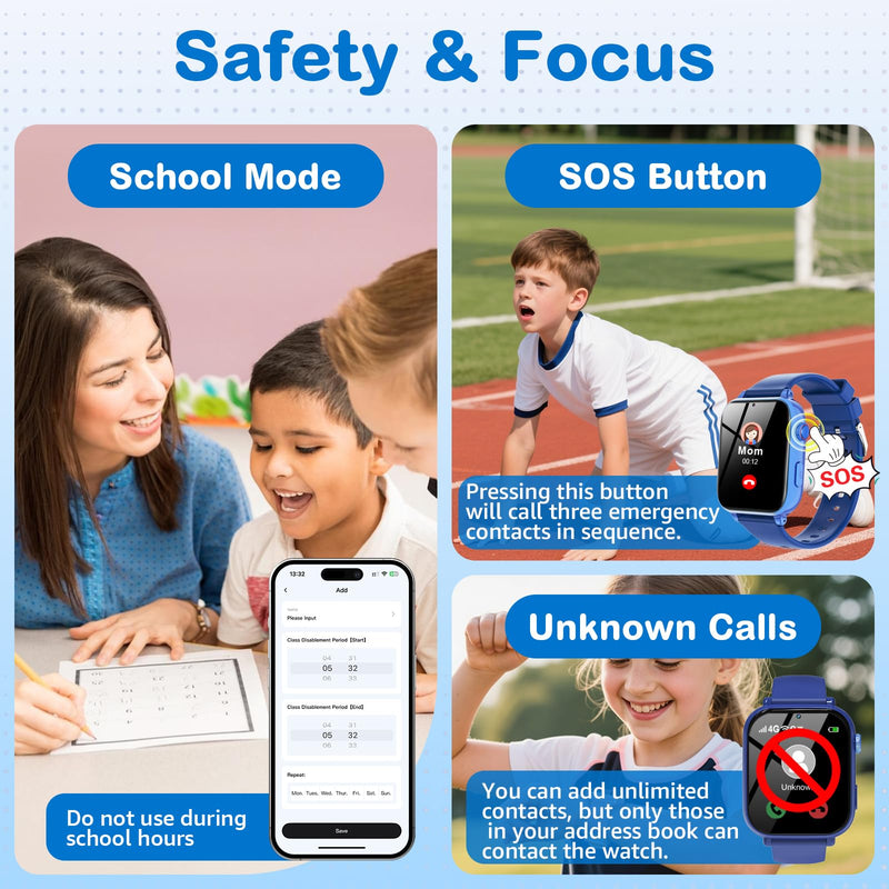 Kids Smart Watch for Boys Girls, 4G Smartwatch Phone for Children with GPS, Call, SOS, Video/Voice Chat, Parental App, Alarm, HD Touchscreen Watches for Kid Gifts Ages 4-12, Bright Blue