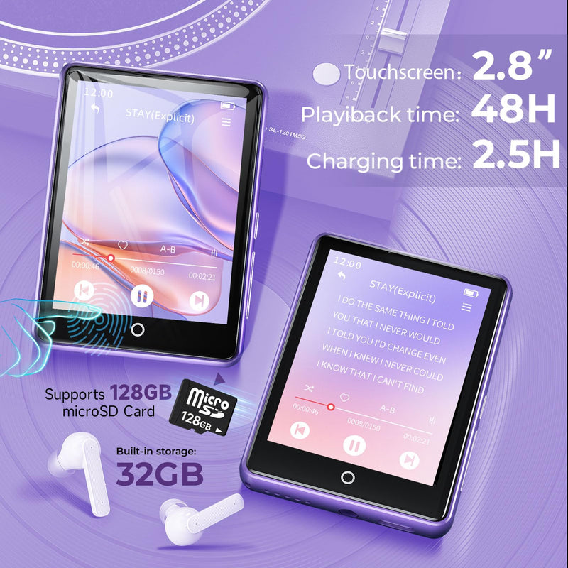 32GB MP3 Player with Bluetooth 5.3 Auto Reconnect, Zinc Alloy Frame | Built-in Speaker & White Noise, 2.8" Touchscreen, 48H Battery, Resume Playback, Supports 128GB microSD Card, Metallic Purple