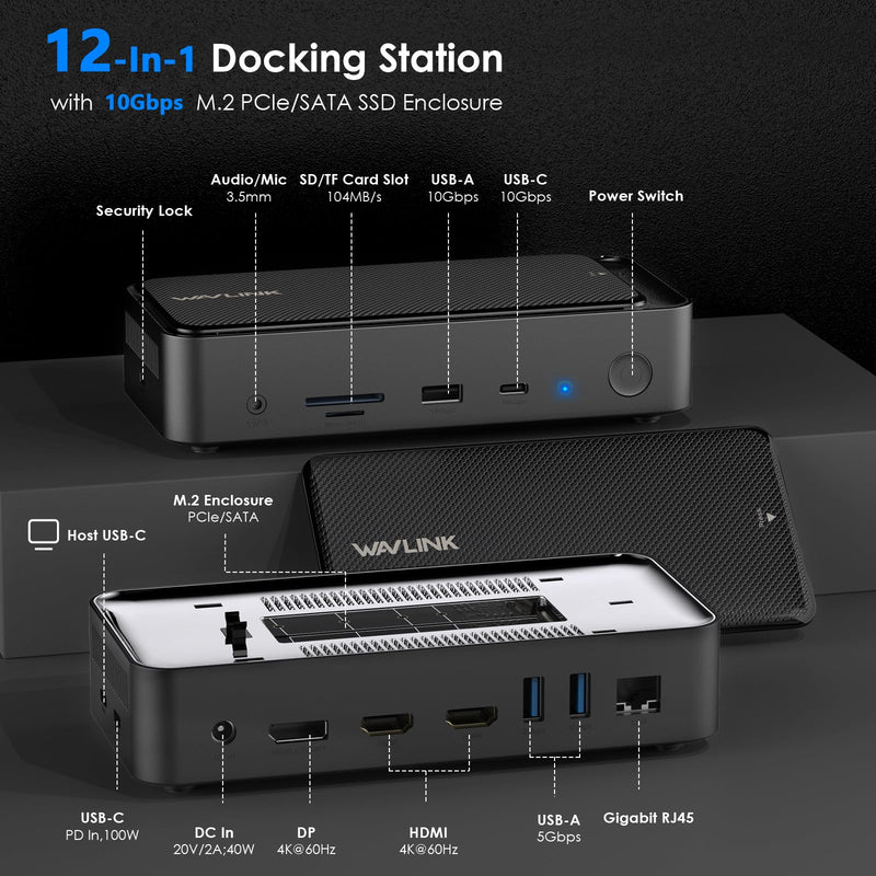 WAVLINK Laptop Docking Station 3 Monitors, 12-1 USB Hub with 10Gbps M.2 PCIe/SATA SSD Enclosure, Expands MacBook/Mac mini (M4/M3/M2/M1), 4K@60Hz HDMI/DP, 100W PD, with 20V2A Independent Power Adapter