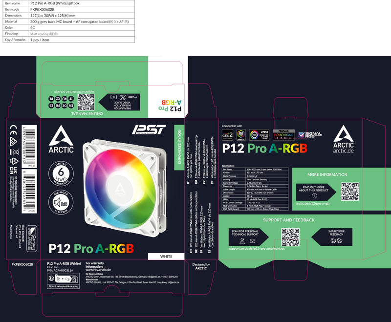 ARCTIC P12 Pro A-RGB (White) - Powerful Premium Fan, 120 mm PWM Fan with Y-Cable Splitter, 600-3000 RPM, 0 RPM <5% PWM, 5V Digital RGB, Fluid Dynamic Bearing, 4-Pin - White