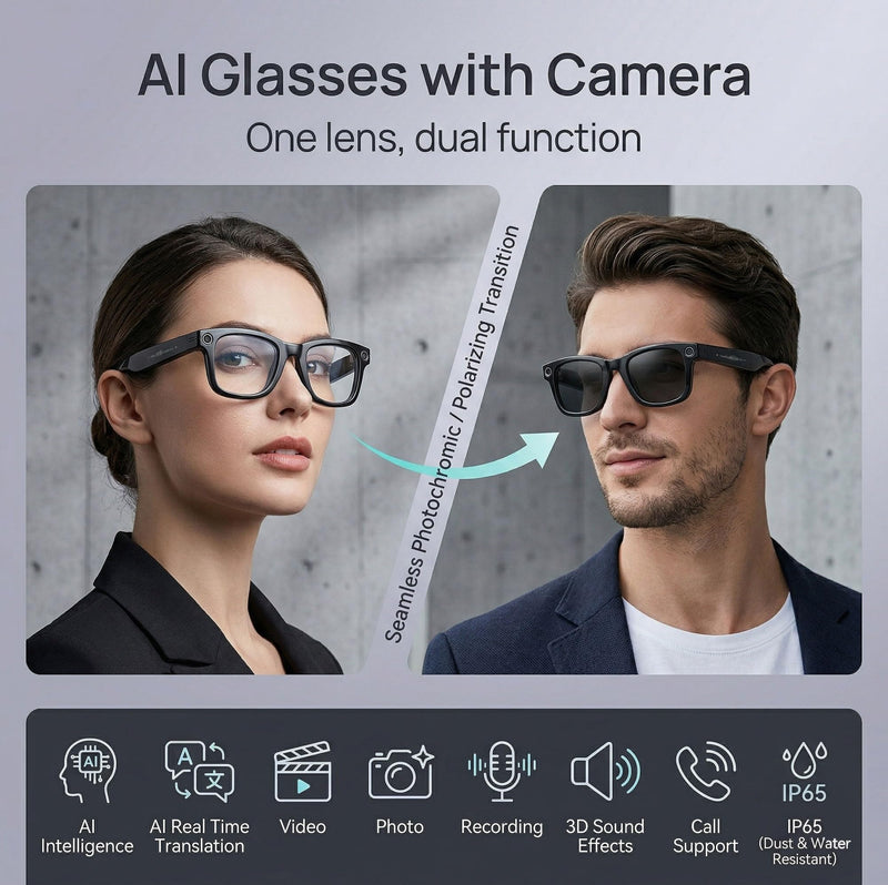 AI Smart Glasses with Camera, 1080P HD POV First-Person View Video Recording and Translator, AI Object Recognition, Bluetooth Audio, 290mAh Battery, Photochromic Lenses for Sports, Travel, Work