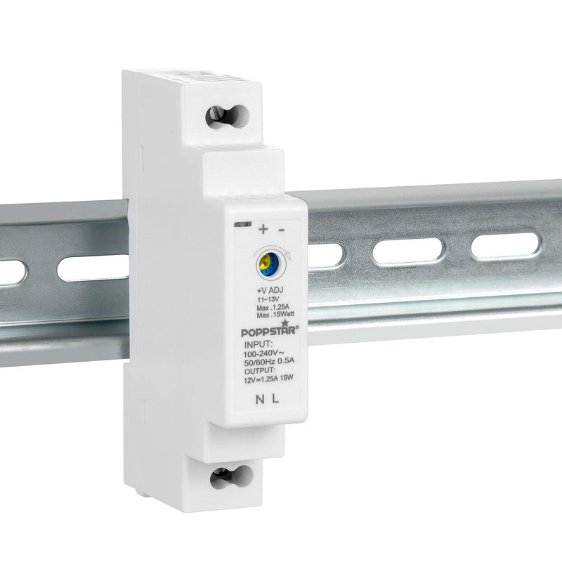 Poppstar Top-Hat Rail Power Supply P-15-12- 12V DC 1.25A 15 W (Input 100-240 V AC 50/60 Hz) 18 x 90 x 58 mm 12 V DC 1,25 A 15 W
