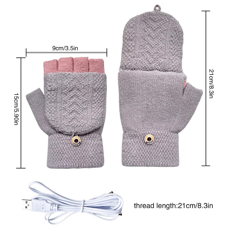 Women's & Men's USB Heated Gloves Mitten Full & Half Fingerless Winter Hands Warmer Laptop Gloves Grey Pink