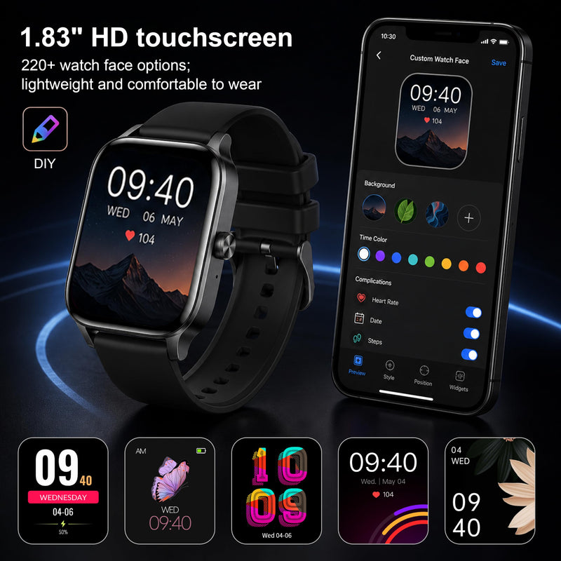 Smart Watch for Men Women (Answer/Make Calls) 1.85" HD Step Activity Black | Fitness Tracker Smartwatchr for Android iPhone Phones with Heart Rate/SpO2/Sleep Monitor, 120+ Sports Modes IP68 Waterproof