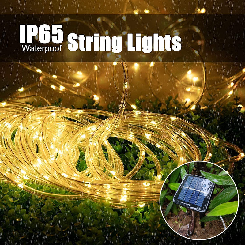 Solar Rope Light 33FT 100L IP65 Weatherproof Outdoor LED Copper Fairy String Tube Lights for Party Garden Porch Yard Home Wedding Vacation Daily Holiday Tree Decoration Lighting (Warm White) Warm White