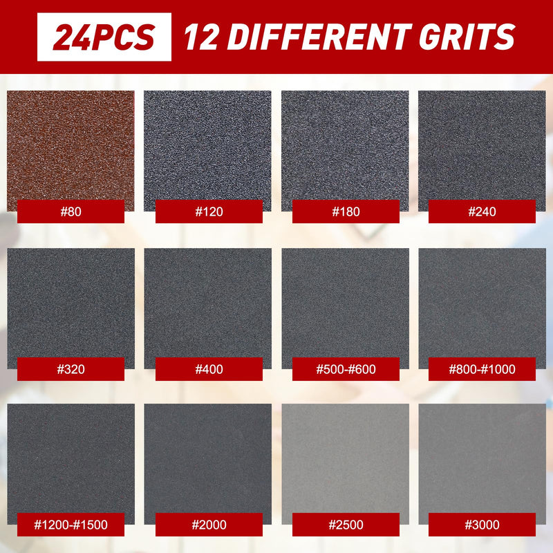 24 Pcs Sanding Sponge Set 80-3000 Grit Sanding Pads, Flexible Sandpaper Block Coarse and Fine, Foam Sanding Pads Washable and Reusable, Wet and Dry Sandpaper for Metal Wood Wall Polishing 24Pcs Mixed Grit
