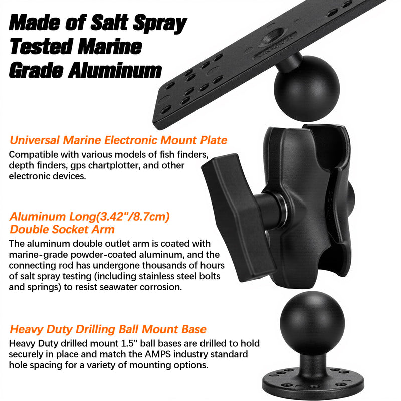 Aluminum Fish Finder Mount with 1.5"/C Size Ball, 3.42" Aluminum Arm Marine Electronics/Depth Finder Mount. High Salt Water Resistant, compatible with Garmin, Lowrance, Humminbird, and More. Short Arm