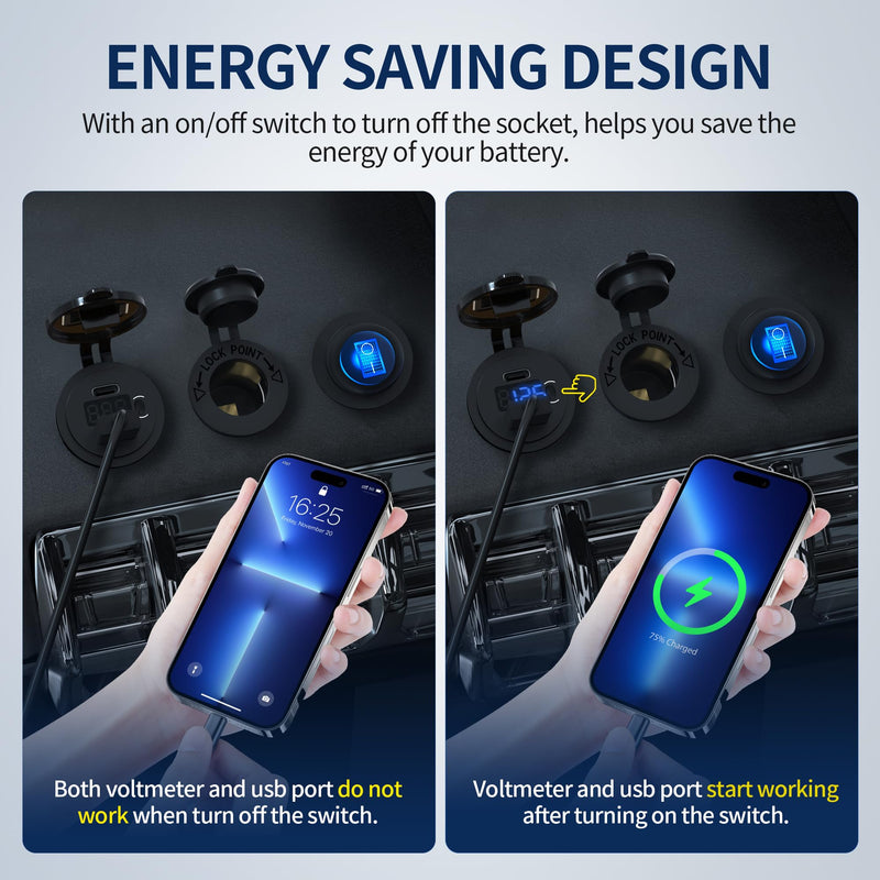 DaierTek 12V USB C Car Charger Socket 3-Pack - 48W PD & QC 3.0 Fast Charging Dual USB Outlet with Voltmeter & ON/Off Switch, Waterproof 12V Charging Port for Car, Marine, Boat, Golf Cart