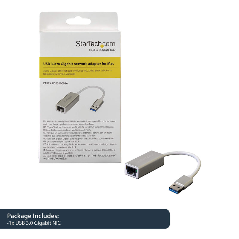 StarTech.com USB 3.0 to Gigabit Network Adapter - Silver - Sleek Aluminum Design for MacBook, Chromebook or Tablet - Native Driver Support (USB31000SA), Standard