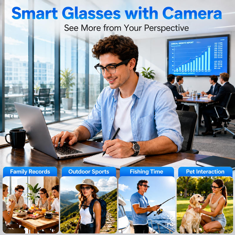 AI Smart Glasses with Camera, 4K EIS, Real-Time Translation | AI Object Recognition, Open-Ear Speakers, AI Voice Assistant, Bluetooth Calling, IP66 Water Resistance, Photochromic Lenses Black Glasses Pouch Included