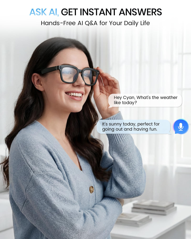 Smart Glasses with Camera and Bluetooth,HD Video Recording,Clear Lens | Voice Control,Open-Ear Bluetooth Audio, Hands-Free Calls Multi-Language Translation, Anti-Shake Video Photo Capture Black-Clear Lens