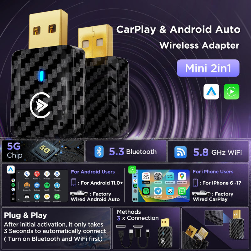 MSXTTLY 2in1 Wireless Carplay Adapter, Android Auto Wireless Adapter | Fast Auto Connect Small Dongle, 5.3 Bluetooth & 5G WiFi, Mini USB Easy Phone Switching, Enhanced Heat Dissipation Design Black