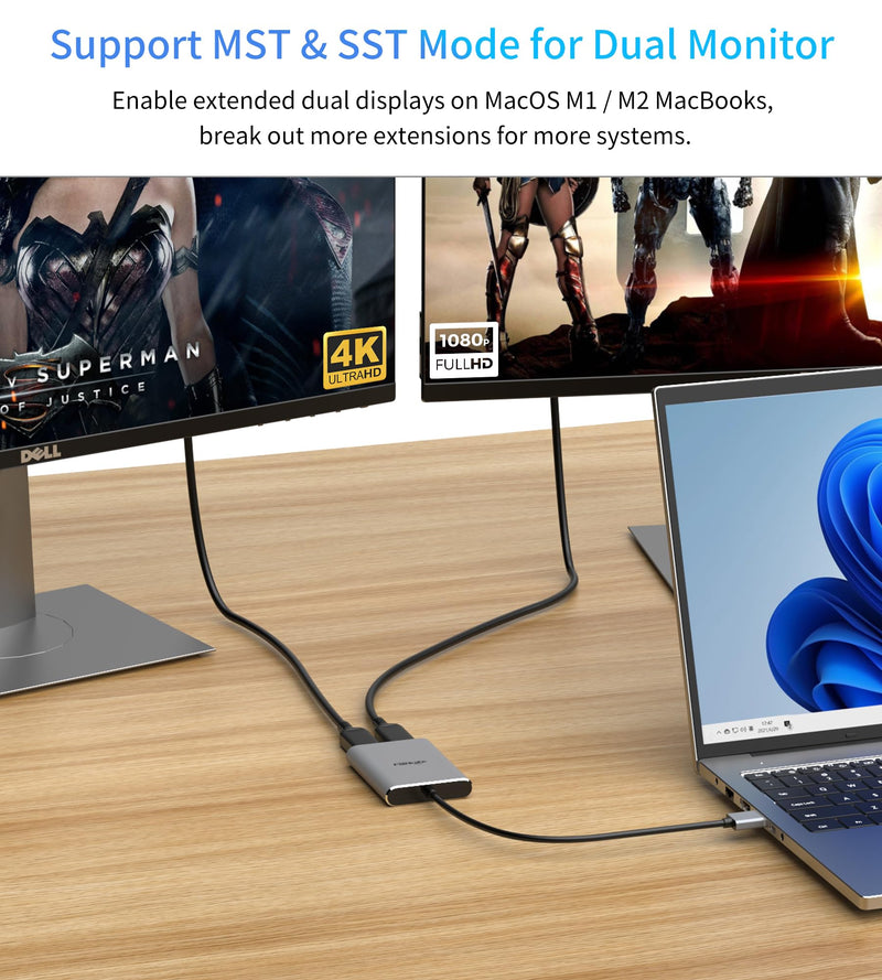 fairikabe USB 3.0 to Dual HDMI Adapter 4K30Hz Support Windows/Mac OS | USB to HDMI Adapters for 2 Monitors/TV, USB A to HDMI Splitter MST Mode for 2 Extended Display