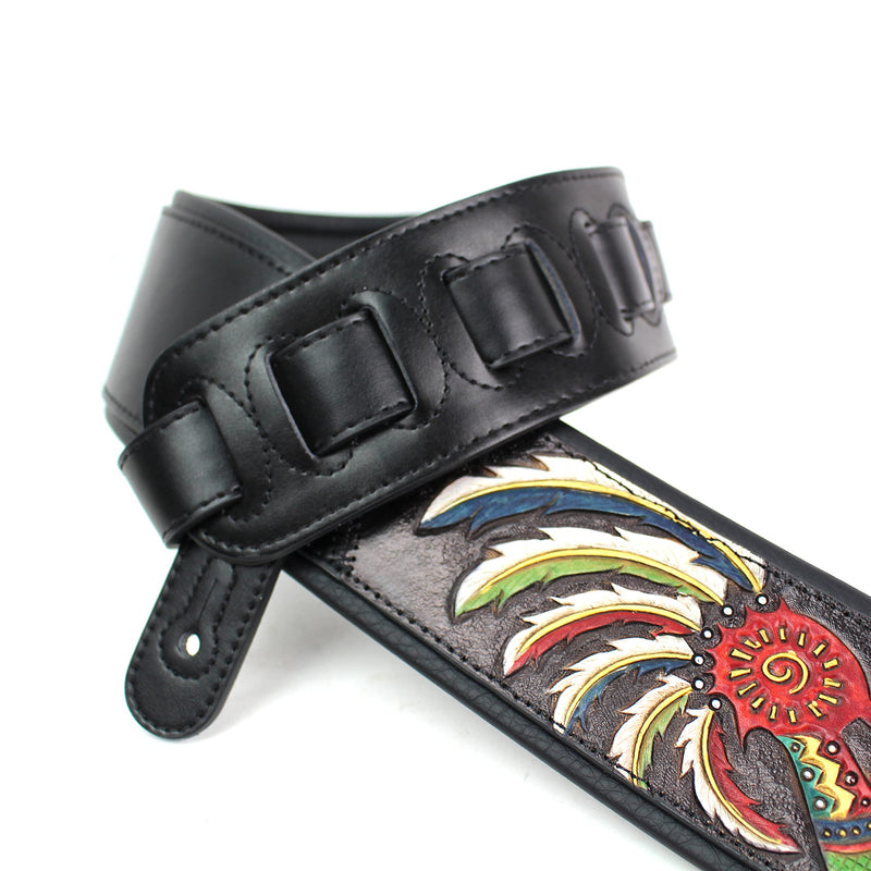 Walker And Williams KB-56-BLK Handmade 3" Wide Black Padded Guitar Strap With Carved Red Kokopelli Design On Premium Black Leather For Acoustic, Electric, And Bass Guitars