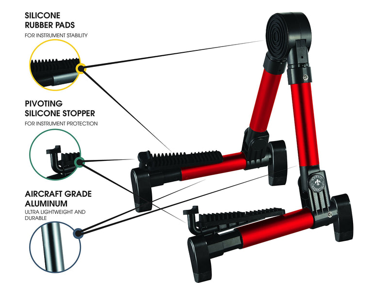 Guitar Stand for Acoustic/Electric/Classical Guitars and Violin, Ukulele, Bass, Banjo - Folding, Portable and Lightweight - for Concert & Travel Red