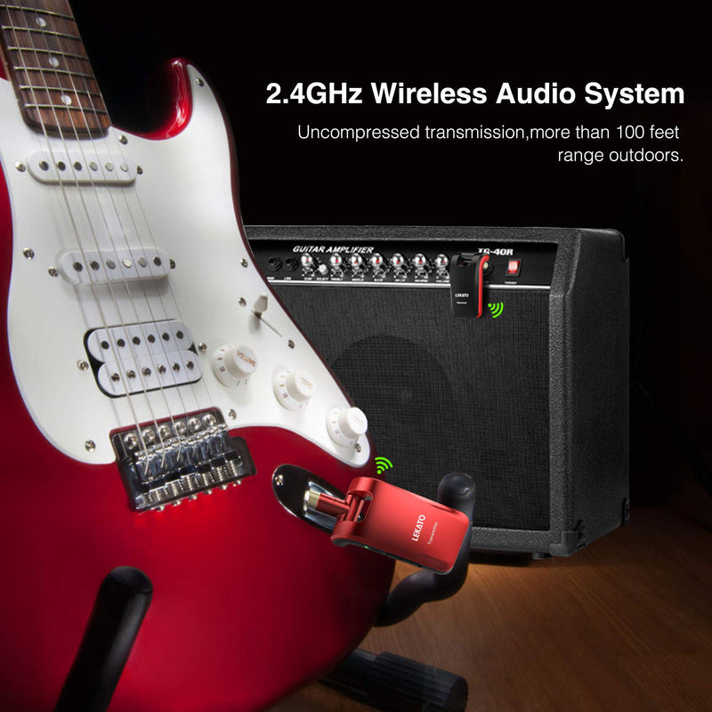 LEKATO 2.4GHz Wireless Guitar System - 6 Channels Rechargeable Wireless Transmitter & Receiver for Guitar & Bass, Stereo & Mono 1/4' & 1/8' 2 in 1 Plugs (Black & Red)