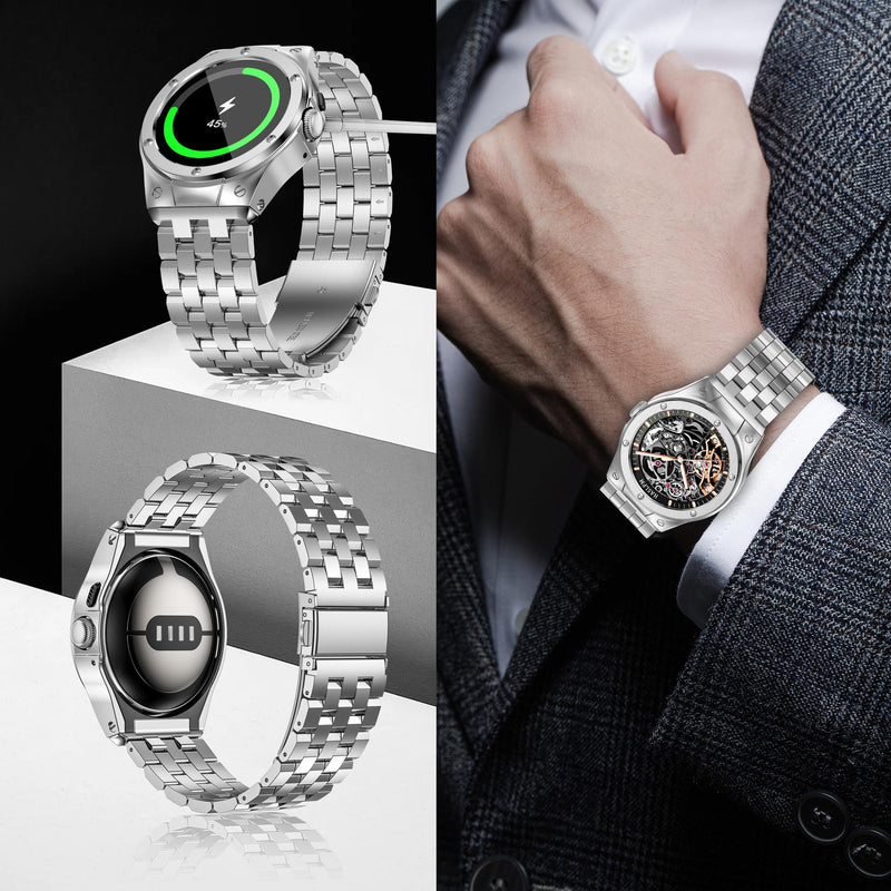 Stainless Steel Case with Band Compatible for Google Pixel Watch 3 45mm /Pixel 3/2/1 41mm, Rugged Metal Wristband Strap with Protector Bumper Cover for Men Silver Google Pixel Watch 1/2/3(41mm)