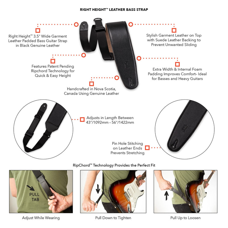 Levy's Leathers Right Height™ 3.5” Wide Garment Leather Padded Bass Guitar Strap in Black (MRH4GF-BLK) Suede / Garment Leather Black - 3.5"