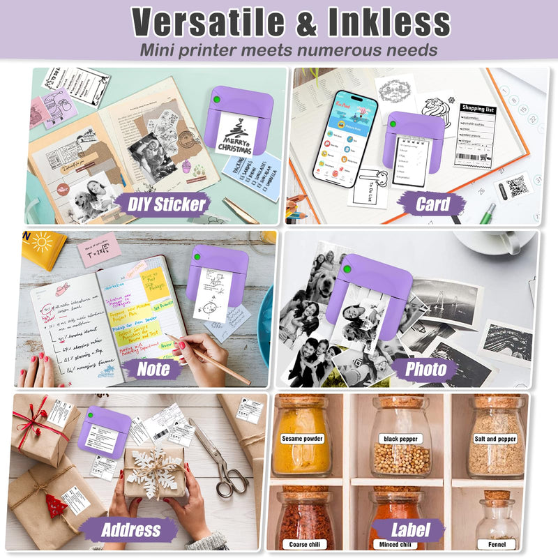 Mini Sticker Printer,Mini Pocket Thermal Printer with 11 Rolls Paper,Bluetooth Inkless Printer Compatible with Android & iOS,Portable Receipt Printer for Photo,Journal,Memo,Travel,Purple Purple