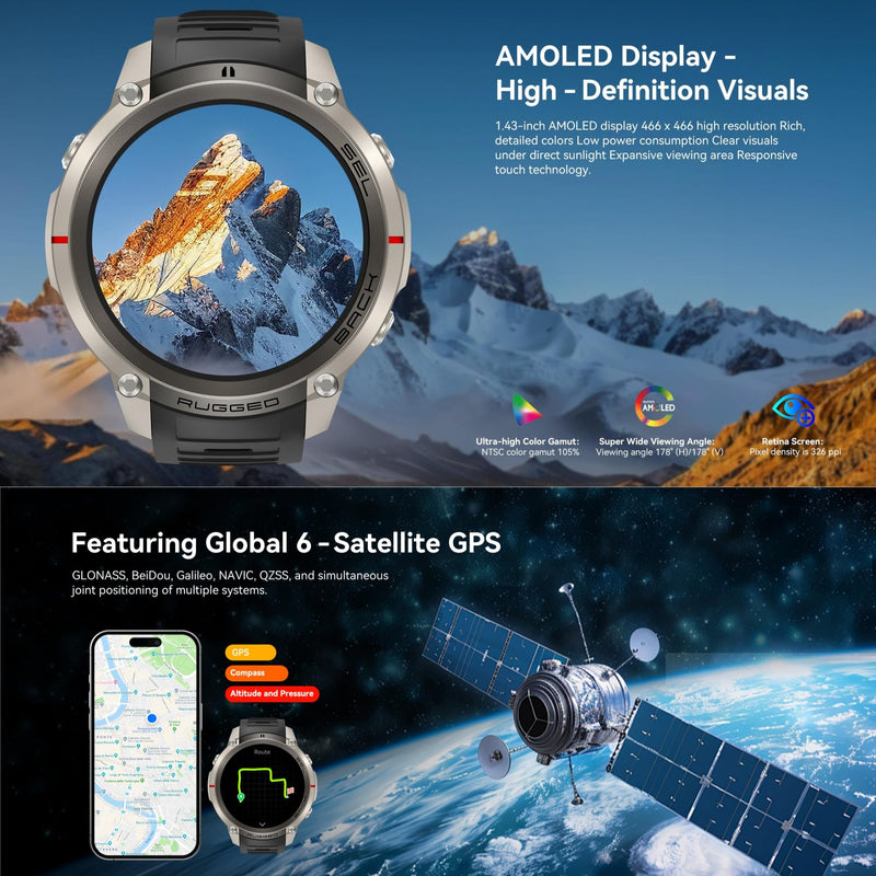 GPS Smart Watch for Men with Multi‑Constellation Positioning/Offline Maps,1.43'' Smartwatch with Bluetooth Call,Compass ,170+ sports modes, 5ATM Waterproof Fitness Tracker Watch for Android iOS Blue