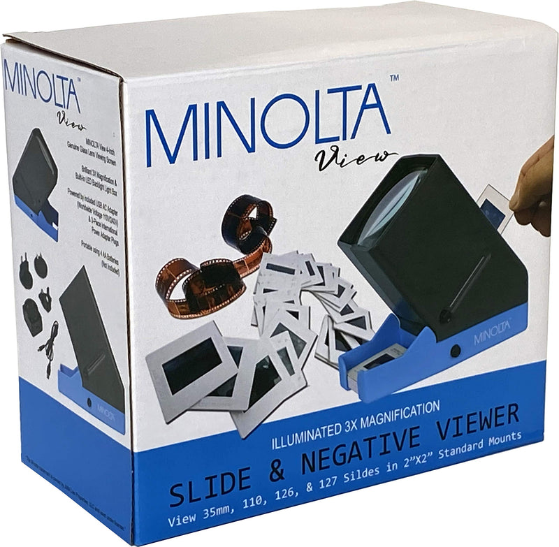[AUSTRALIA] - MINOLTA 35mm Desk Top Portable LED Slide and Negative Viewer Luminated 3X Magnify – for 2"x2" Slides & Positive Negatives - Worldwide AC Adapter & Plugs, Battery Operation & Cloth 